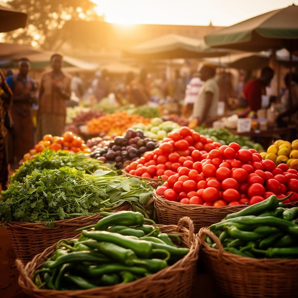 Marché africain coloré avec fruits et légumes frais
